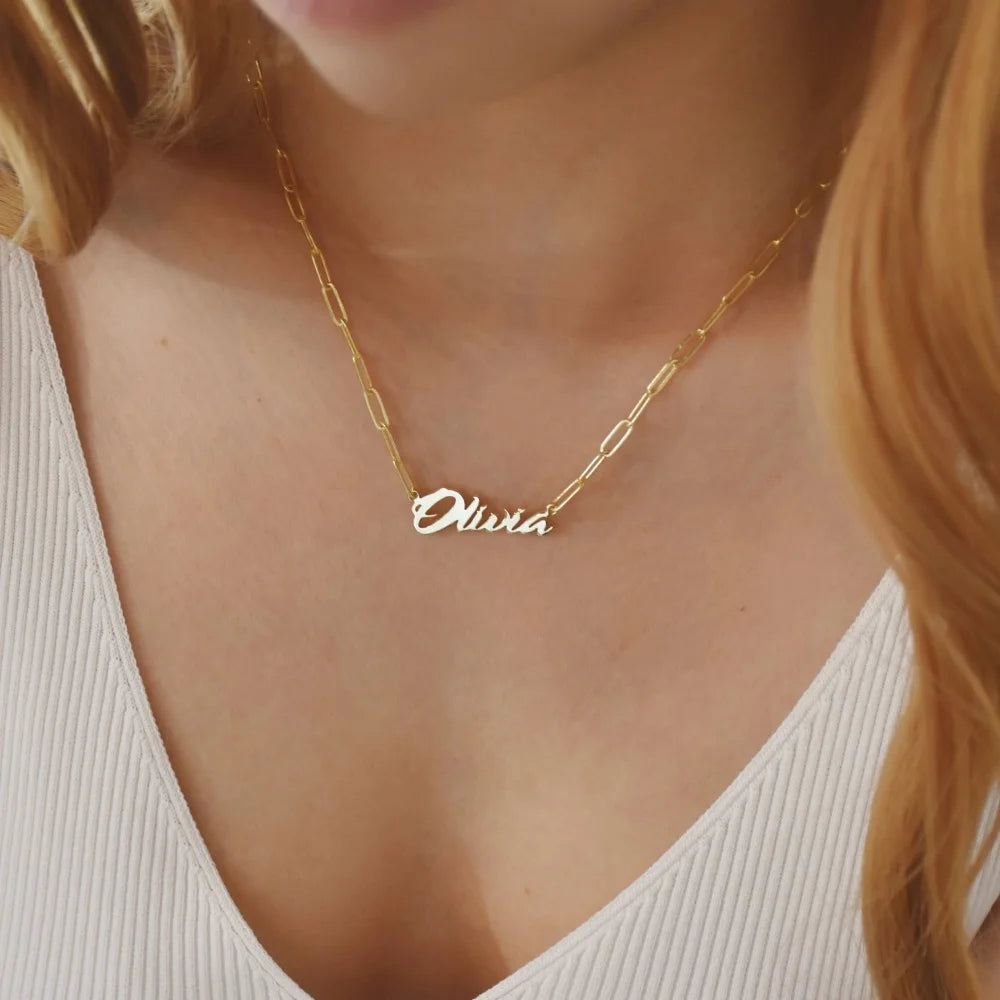 Collar Personalizado Clip Papel Acero Inoxidable Oro 18K | Nombre Unisex