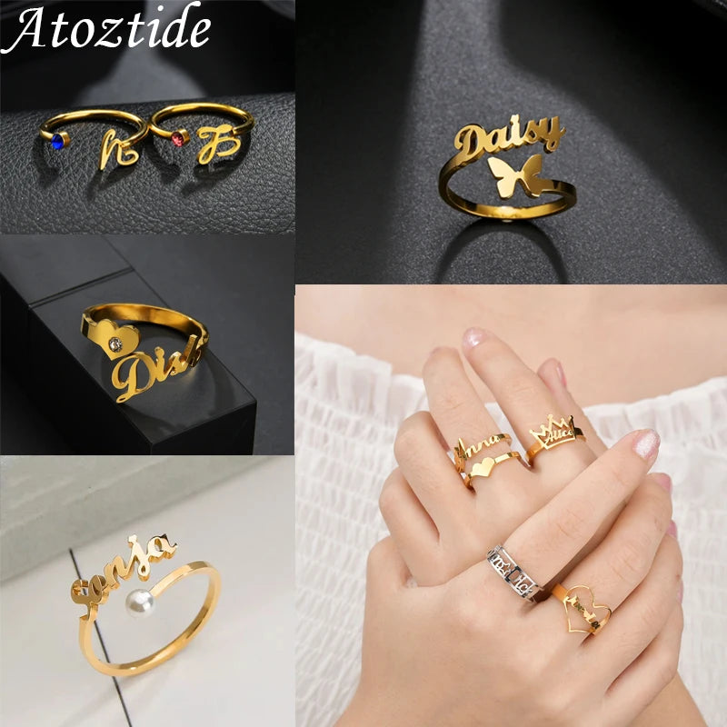 Anillos Pareja Personalizados Doble Nombre Acero Inoxidable Oro | Boda Ajustables