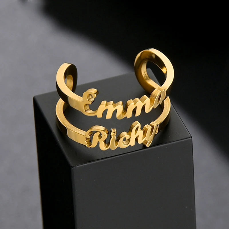 Anillos Pareja Personalizados Doble Nombre Acero Inoxidable Oro | Boda Ajustables