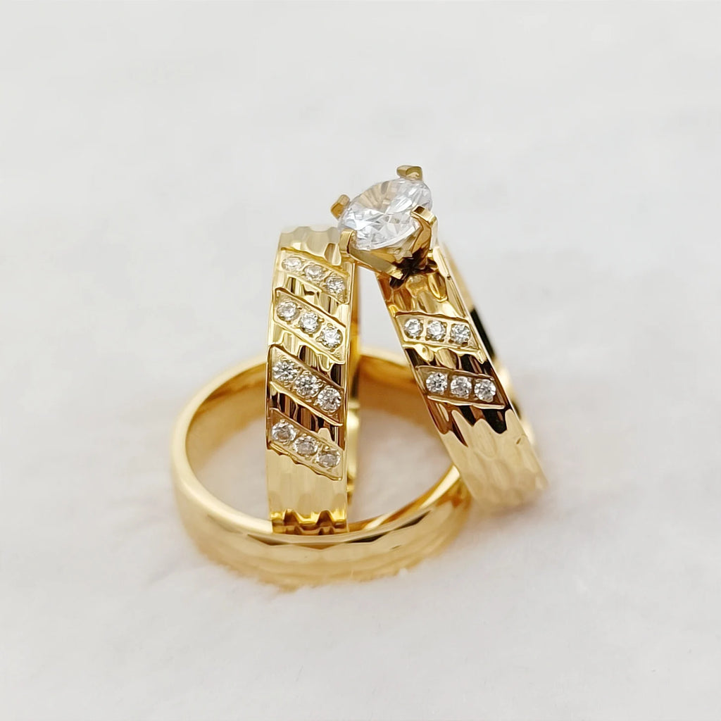 Conjunto 3 Anillos Boda Martillados Oro 24K Pareja | Compromiso Diamantes CZ