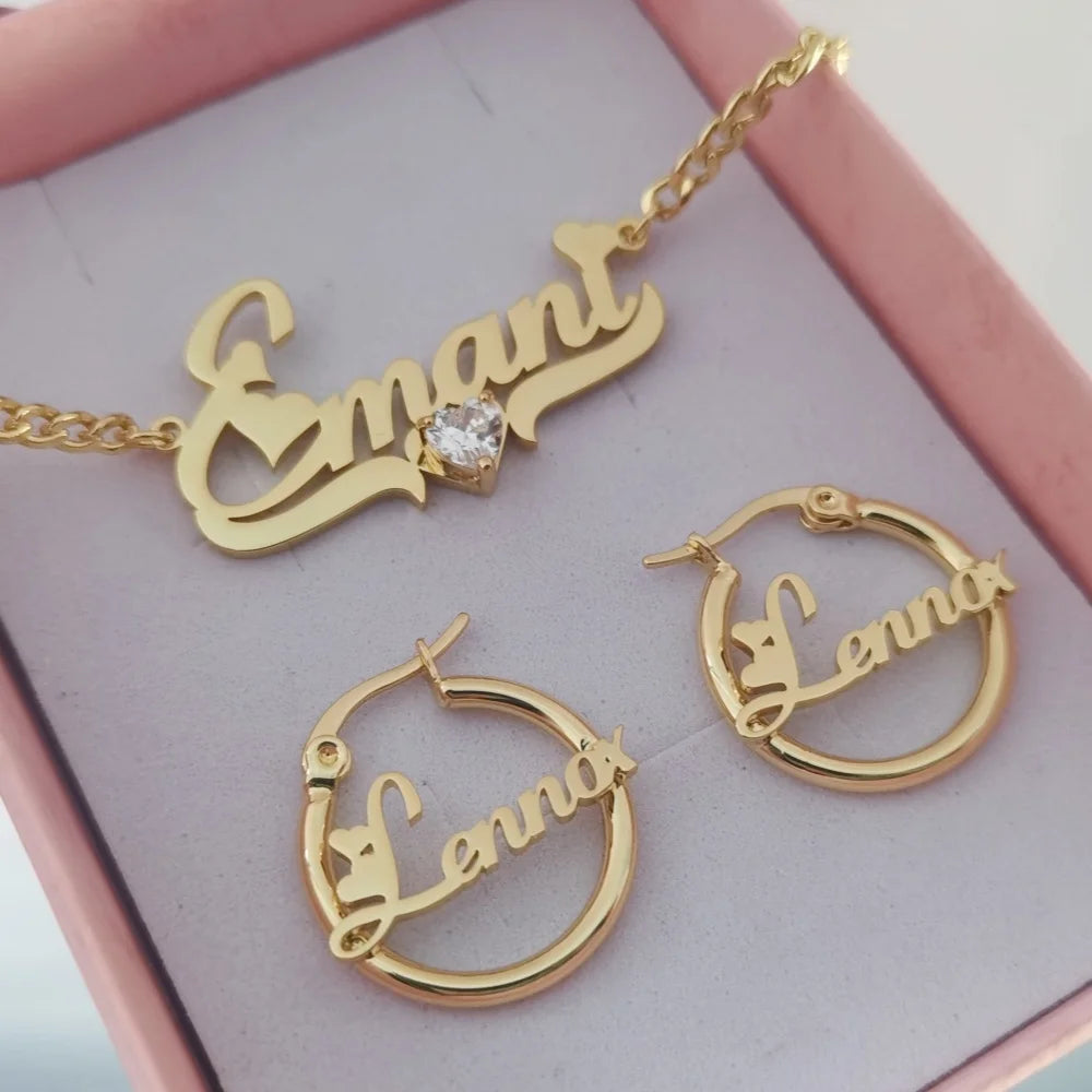 Conjunto Joyería Personalizado Nombre Acero Inoxidable | Collar Pendientes Circonita