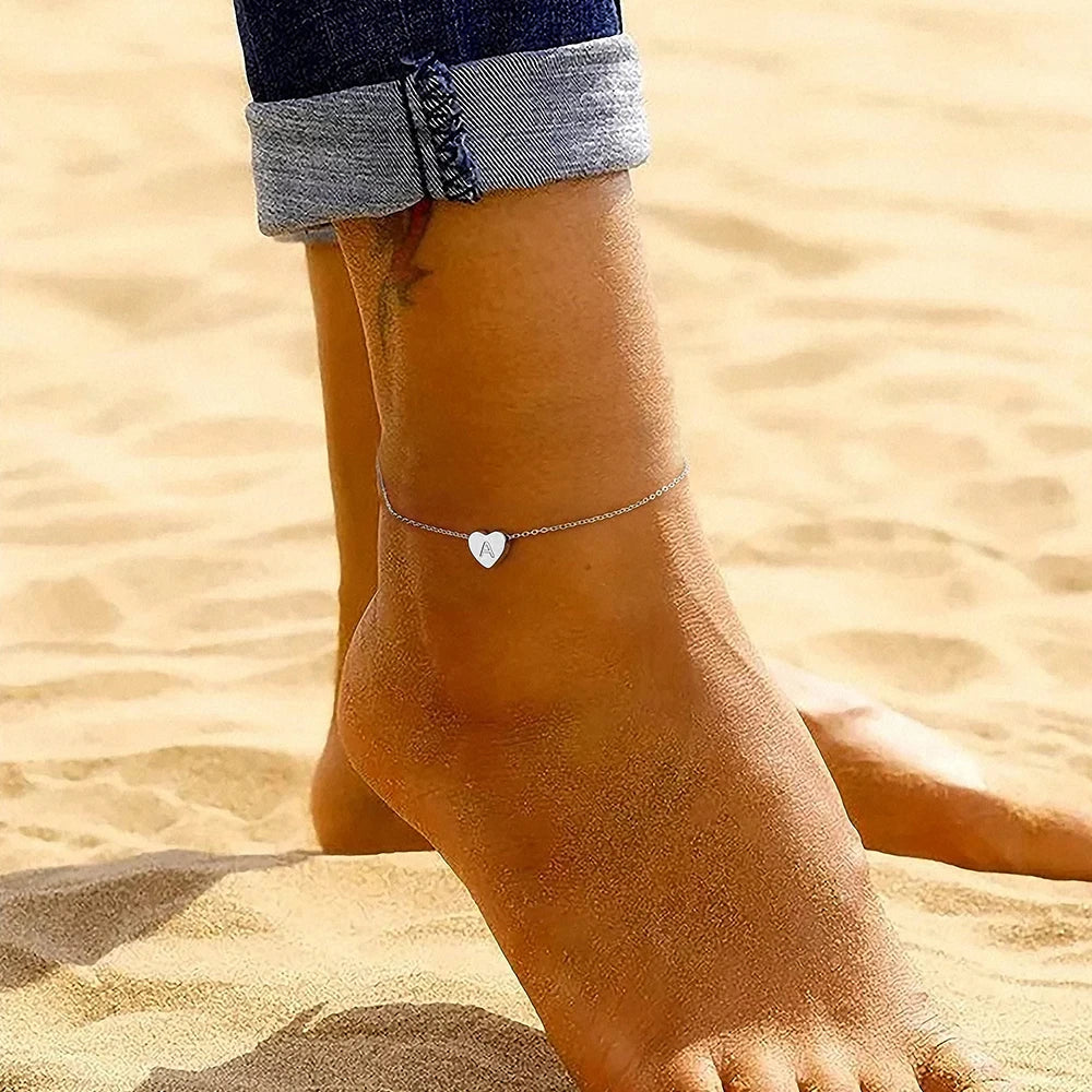 Tobillera Personalizada con Inicial y Corazón en Acero Inoxidable