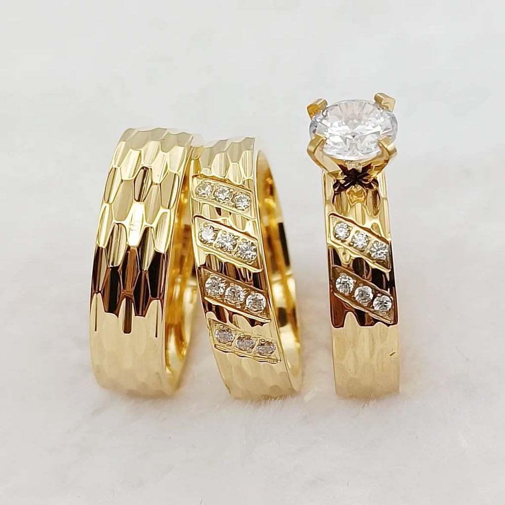 Conjunto 3 Anillos Boda Martillados Oro 24K Pareja | Compromiso Diamantes CZ
