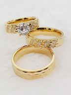 Conjunto 3 Anillos Boda Martillados Oro 24K Pareja | Compromiso Diamantes CZ