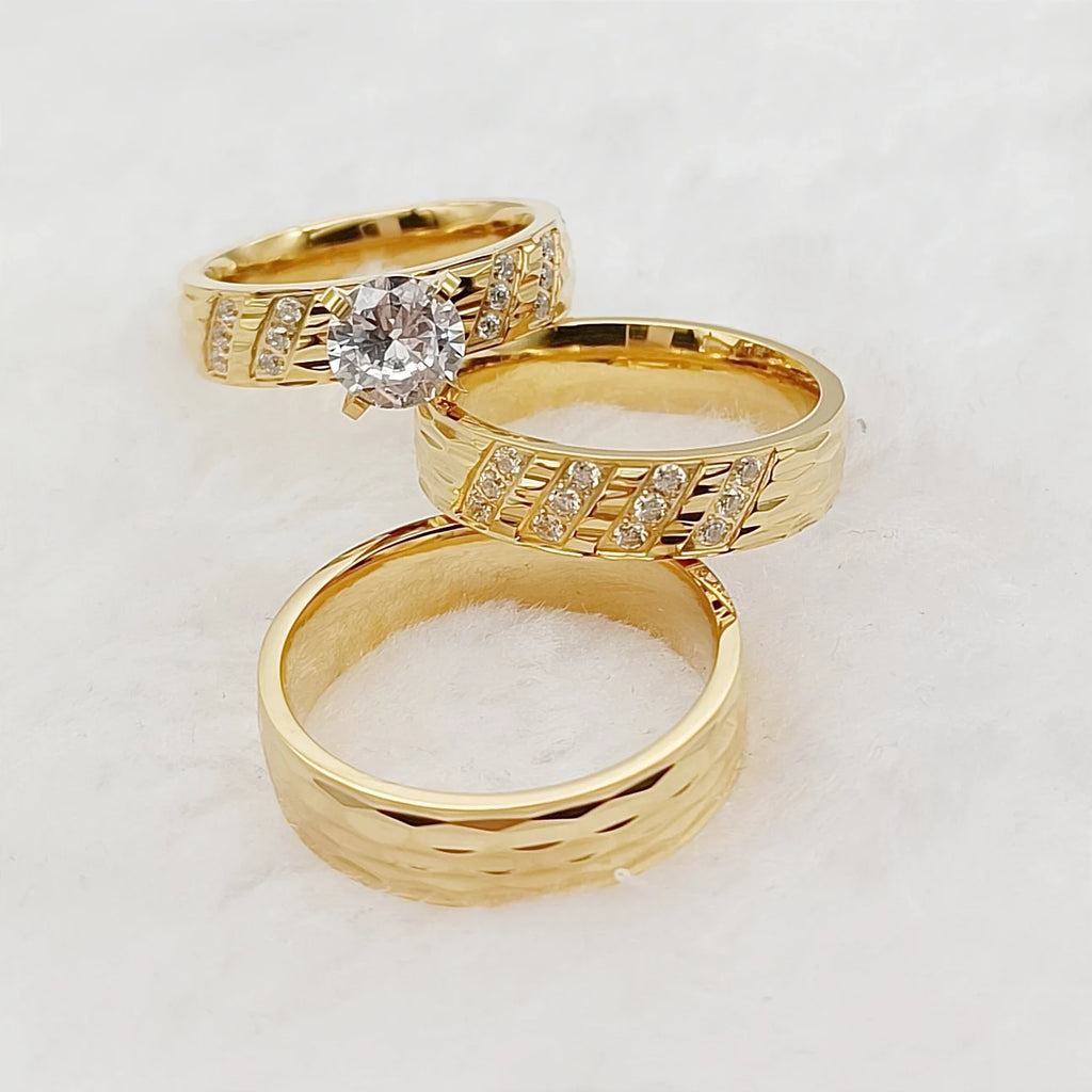 Conjunto 3 Anillos Boda Martillados Oro 24K Pareja | Compromiso Diamantes CZ