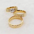 Conjunto 3 Anillos Boda Martillados Oro 24K Pareja | Compromiso Diamantes CZ
