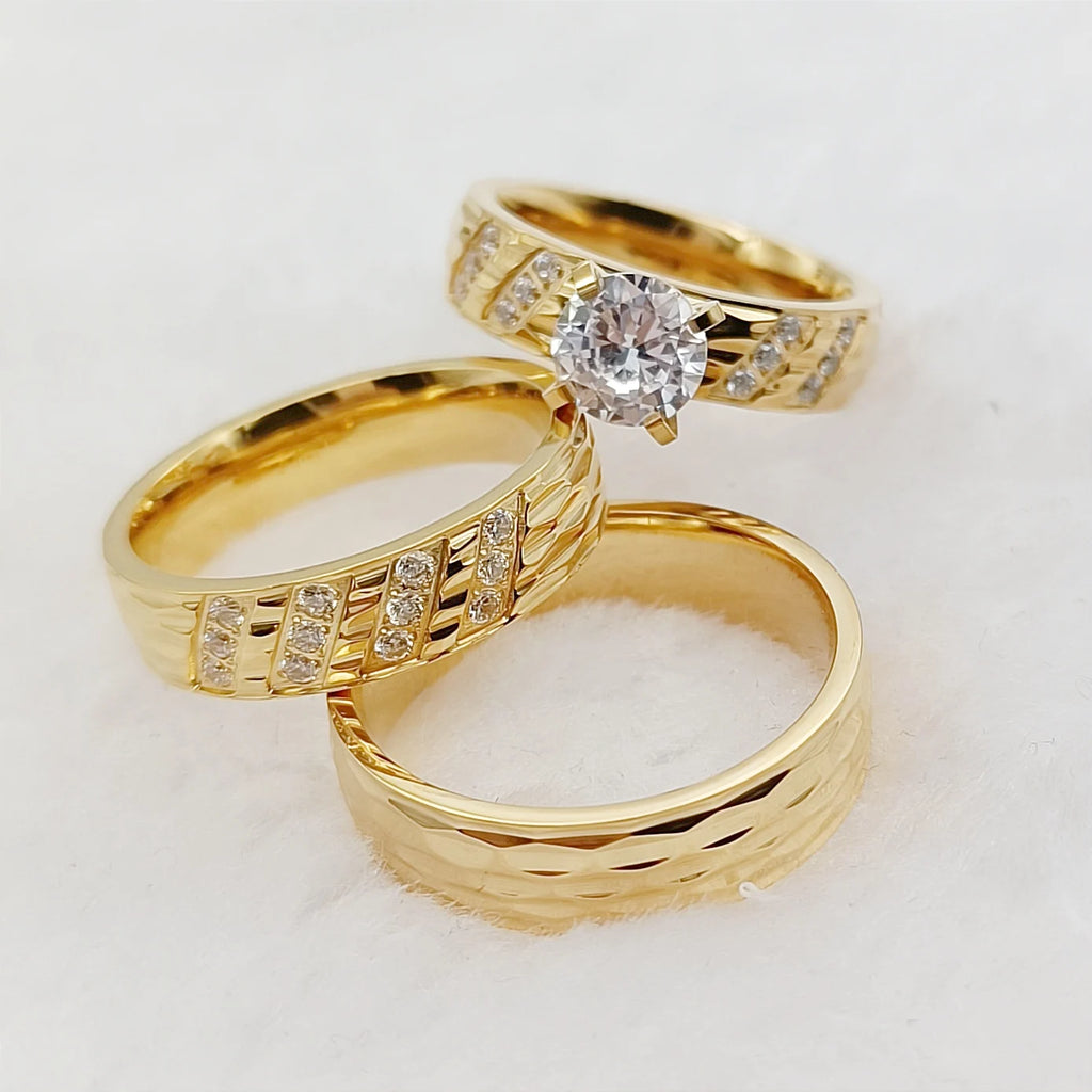 Conjunto 3 Anillos Boda Martillados Oro 24K Pareja | Compromiso Diamantes CZ