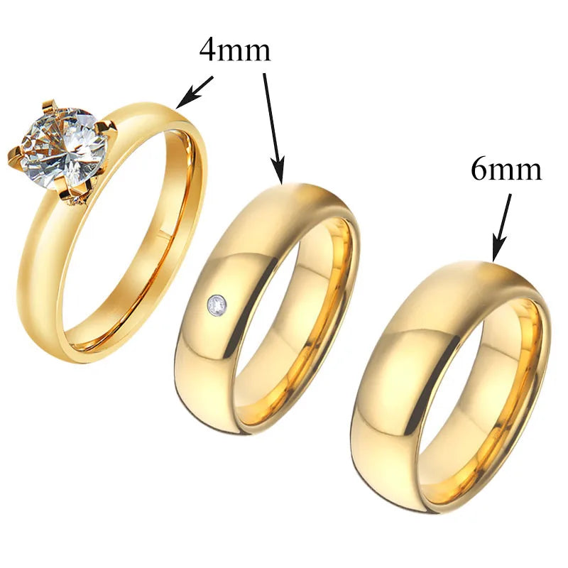Conjunto 3 Anillos Boda Martillados Oro 24K Pareja | Compromiso Diamantes CZ
