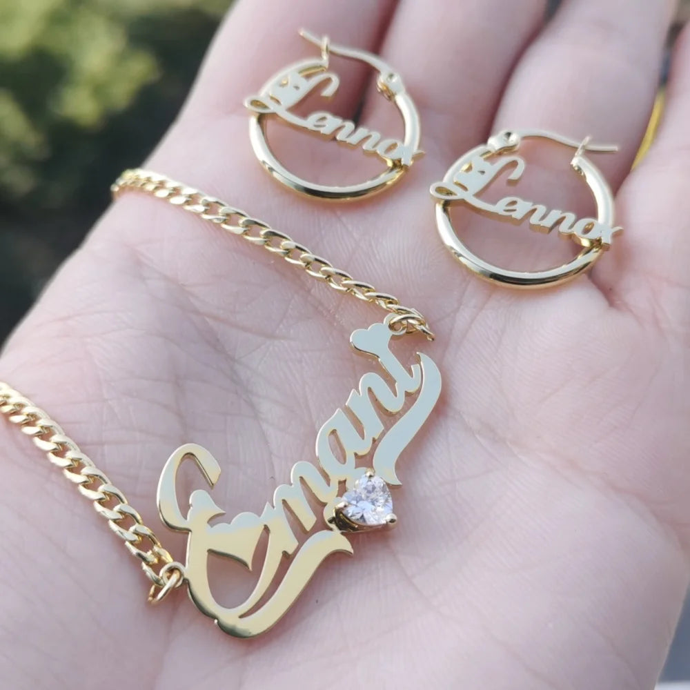 Conjunto Joyería Personalizado Nombre Acero Inoxidable | Collar Pendientes Circonita